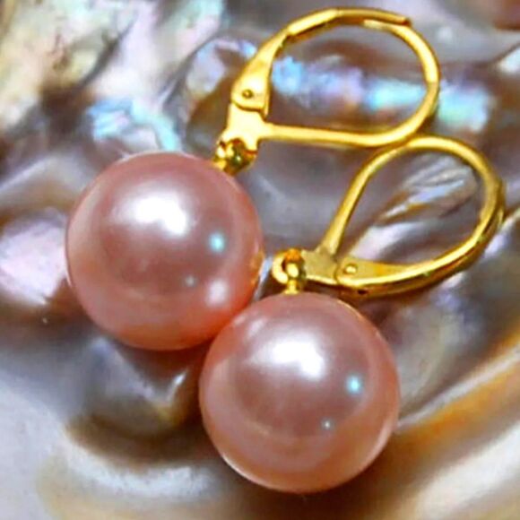 8mm South Sea Shell Pink Pearl Earrings 14K Gold on 925 Sterling - Picture 1 of 8